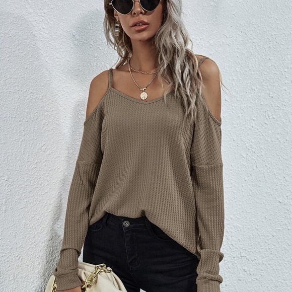 Tops - off shoulder waffle long sleeve knit top MOCHA